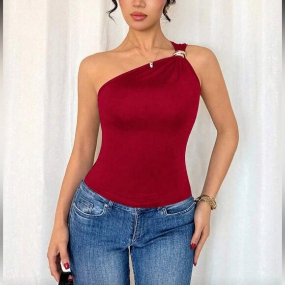 Elegant Khaki One-Shoulder Top - Picture 16 of 16